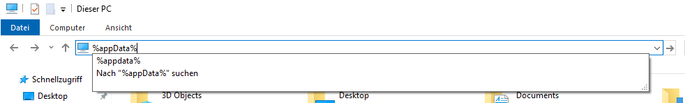 Picture of the windows explorer, showing the appdata path.